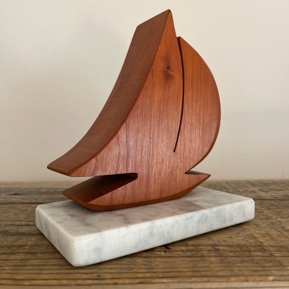Wooden Sailboat Sculpture on Marble Base bookend - Picture 2 of 5